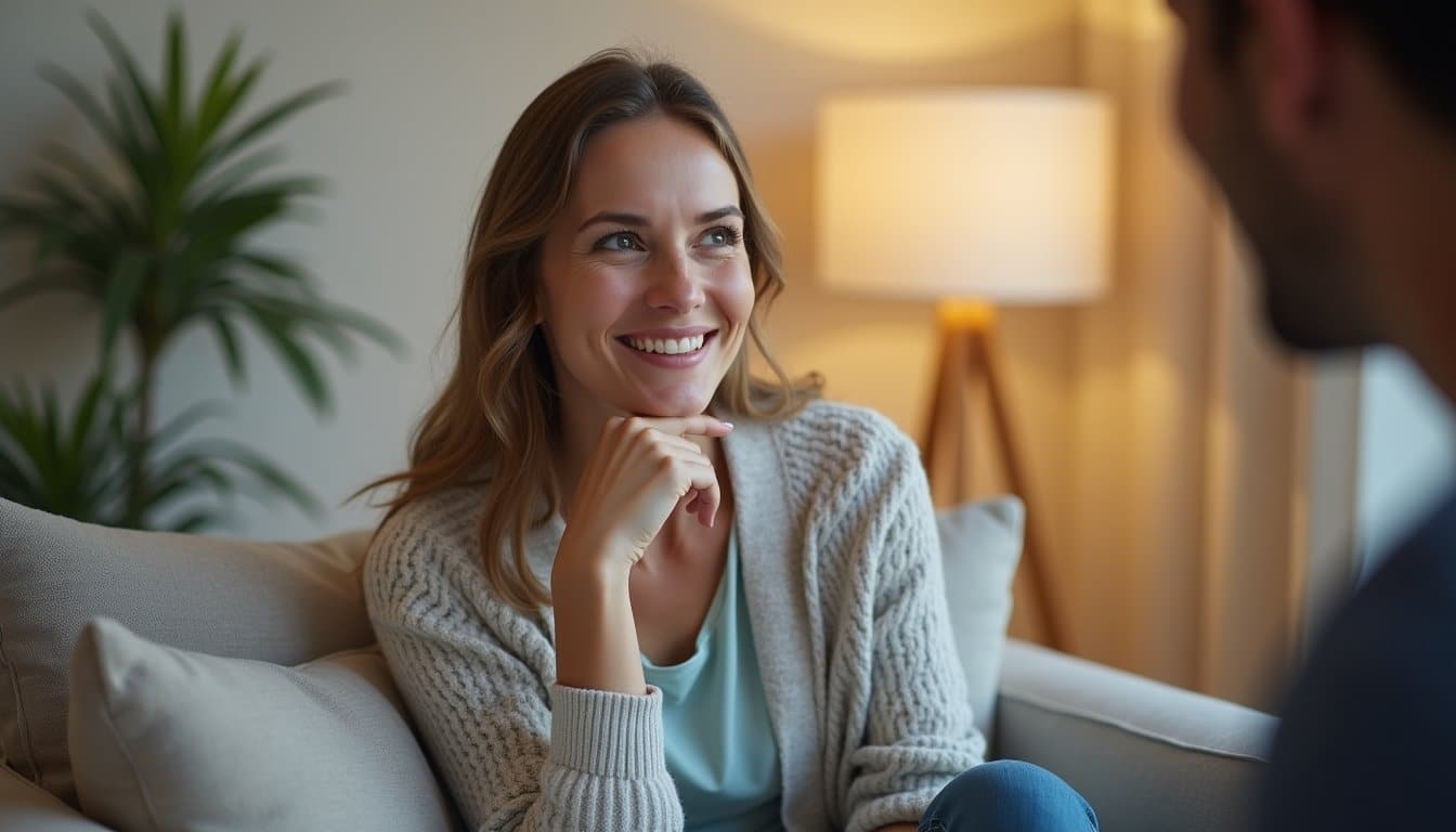 Woman seated on a couch in a residential recovery home, calm and supported setting