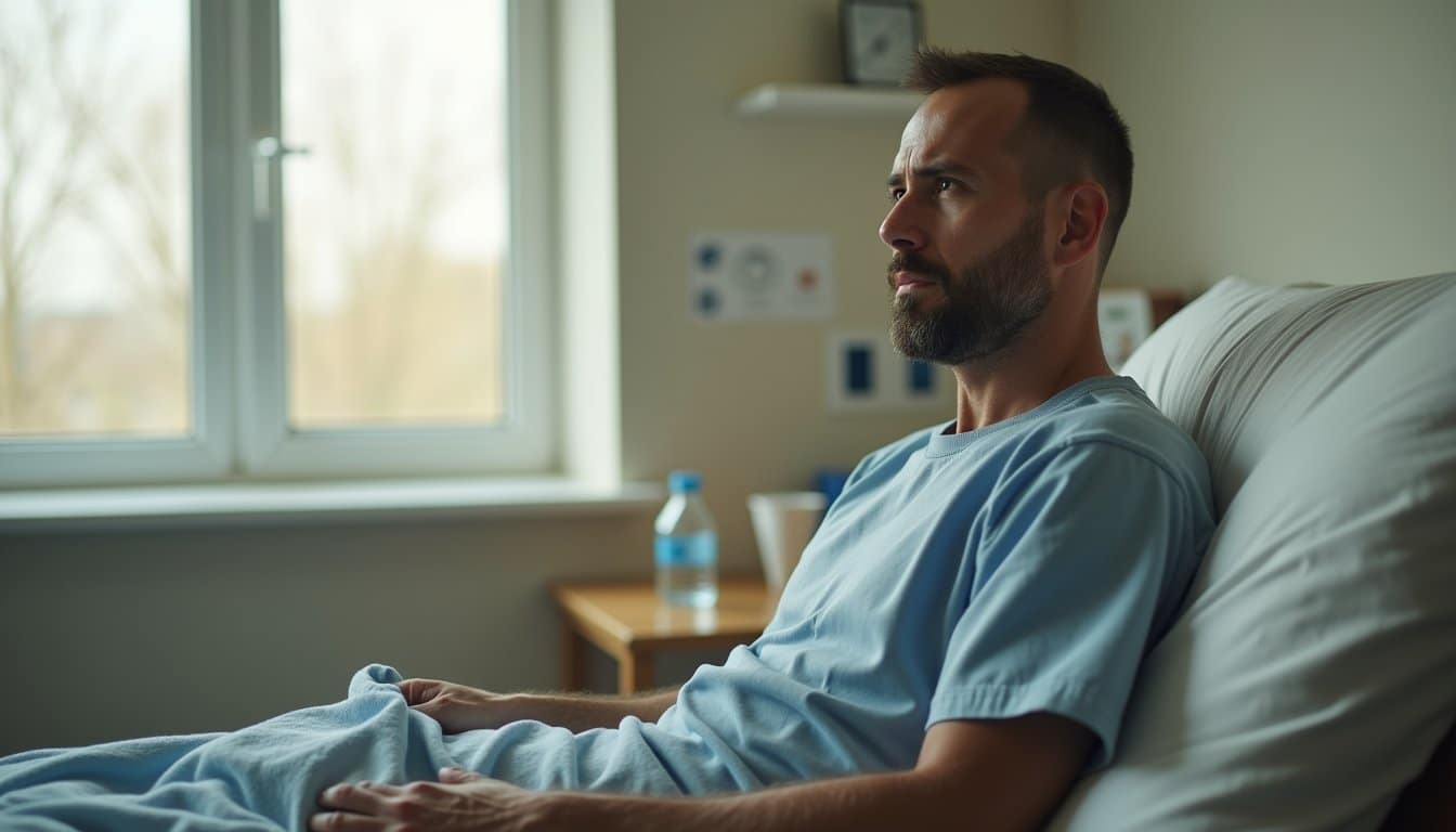 A man looking sick in his bed an an inpatient facility