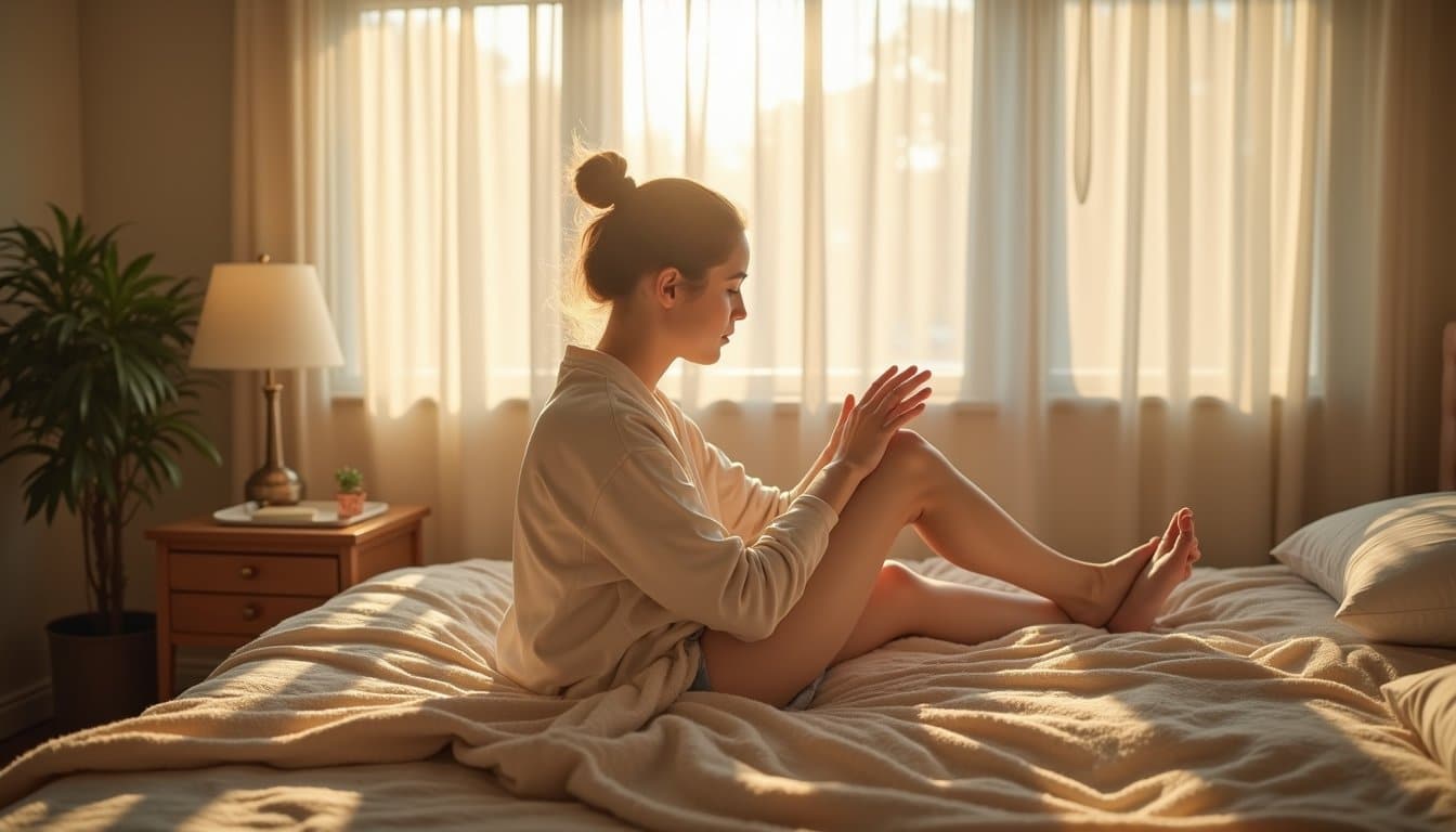 Person waking up and stretching in a warm, calm residential detox recovery room