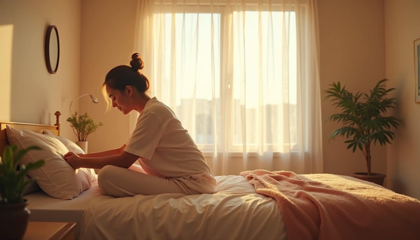 Person stretching on a bed in a bright and comforting residential detox setting