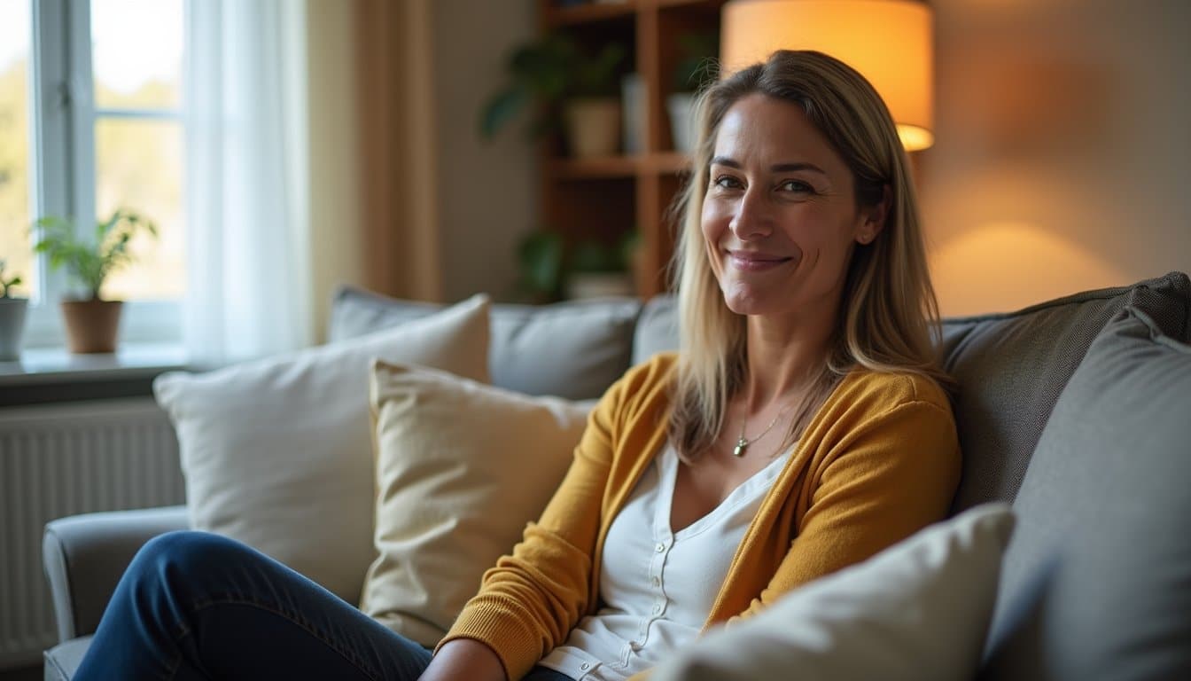 Adult woman sitting in a comfortable recovery home lounge with a gentle smile