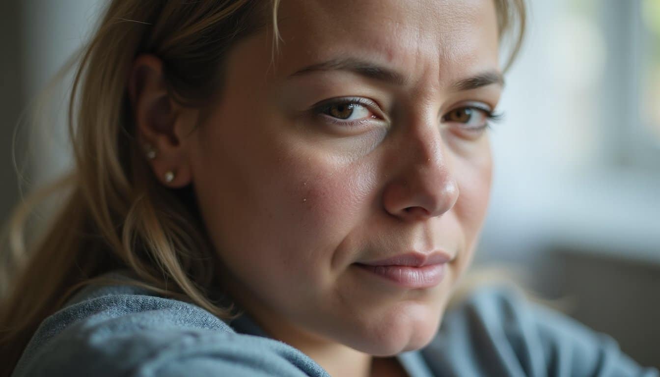 Adult in residential care with a relaxed yet fatigued expression, natural lighting