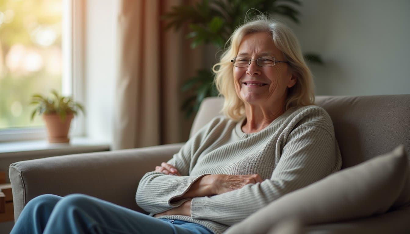 Adult woman relaxing on a couch in a residential treatment setting with a gentle smile