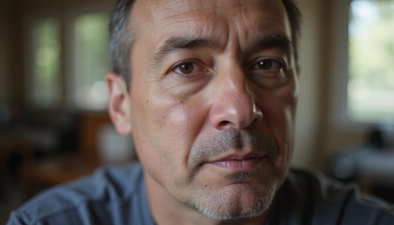 Adult in residential recovery space shown in soft light with subtle emotion