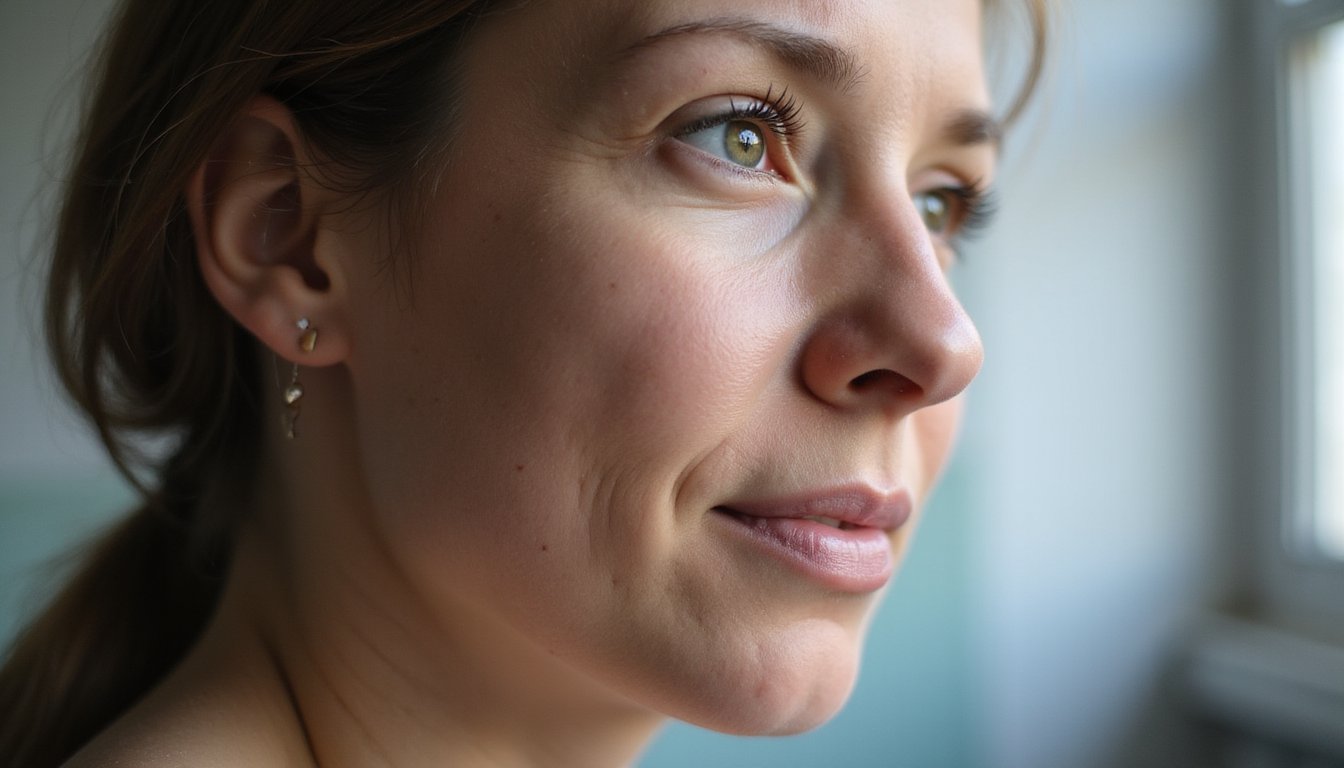 Photorealistic close-up of an adult in recovery with gentle, tired eyes