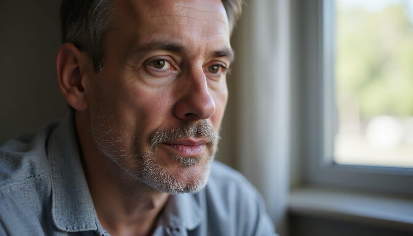 Adult portrait with shallow depth of field conveying rest and emotional processing