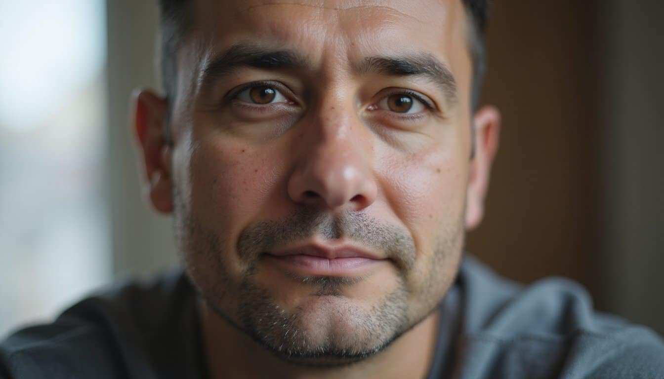 Intimate portrait of an adult during recovery with a composed, tired expression