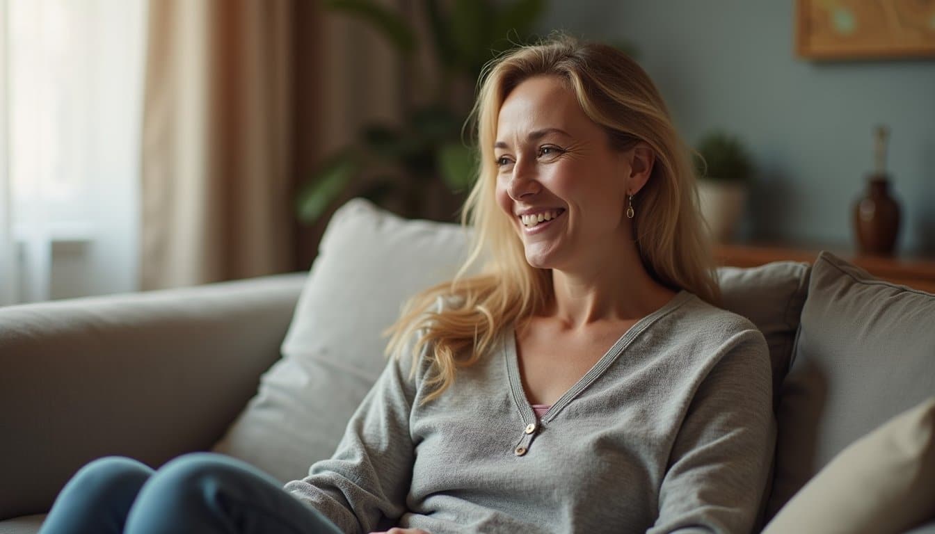Warm and welcoming recovery home scene with an adult woman sitting on a sofa