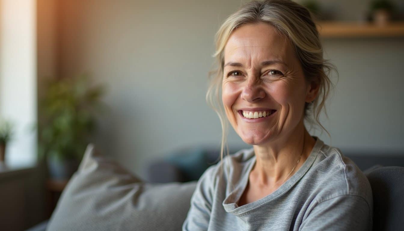 Compassionate recovery home environment with an adult woman sitting on a couch