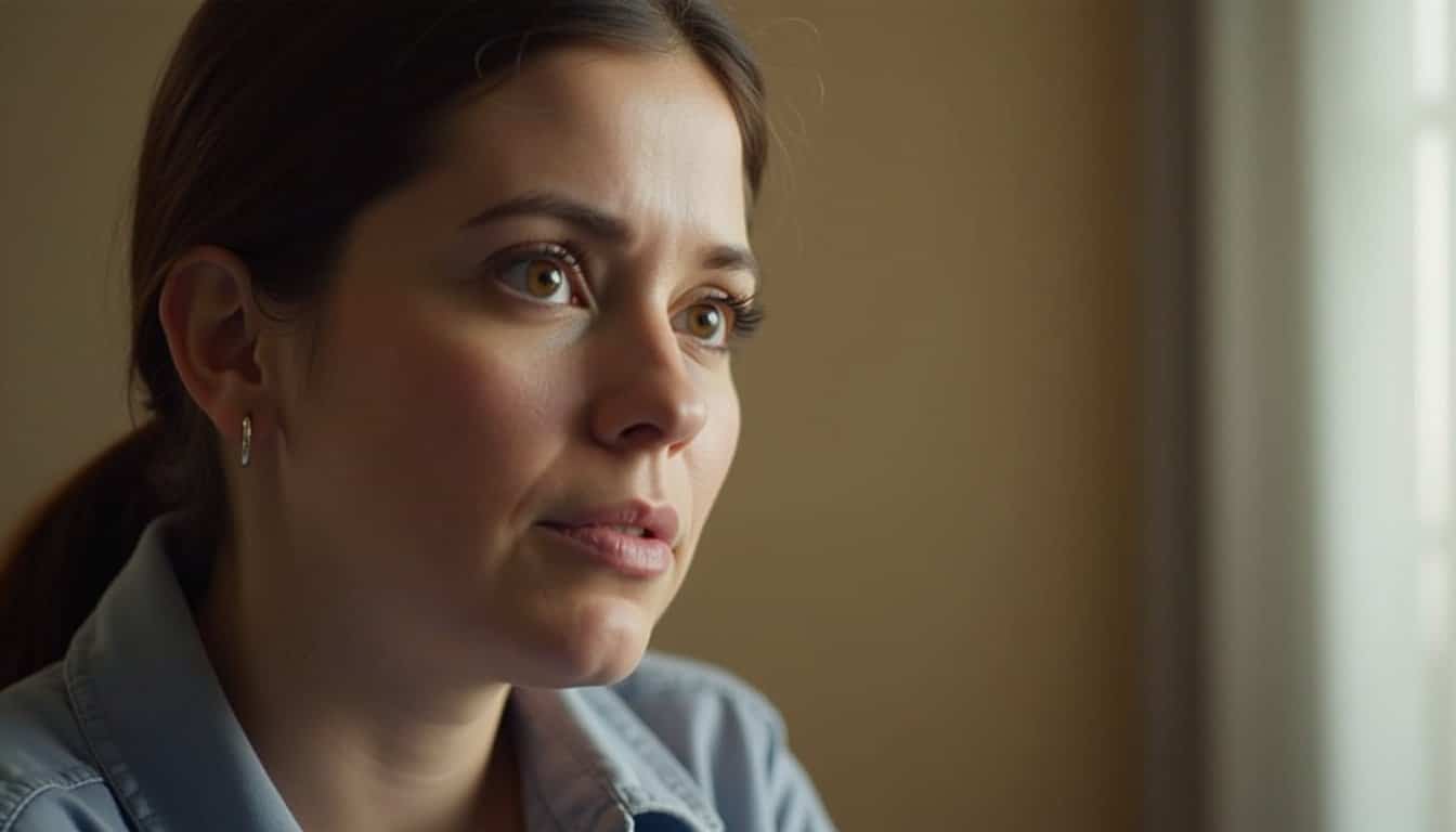 an adult woman looking thoughtful about something
