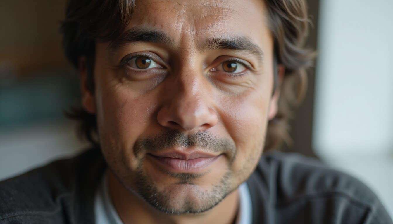 Adult face in soft natural window light showing quiet reflection and emotional fatigue