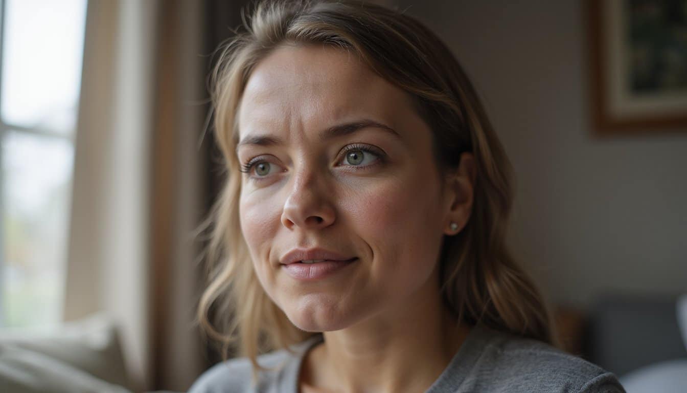 Realistic close-up of an adult in recovery with a peaceful but worn expression