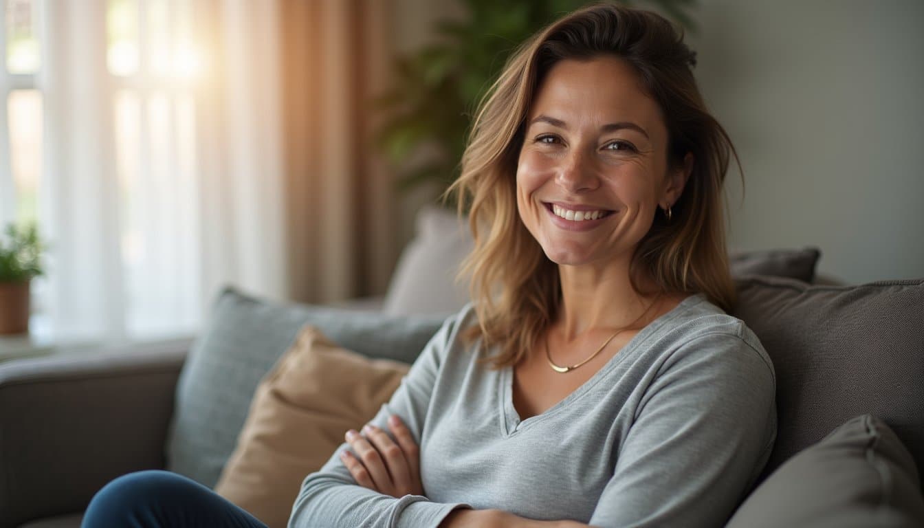 Adult woman resting in a residential recovery home living space with warm sunlight