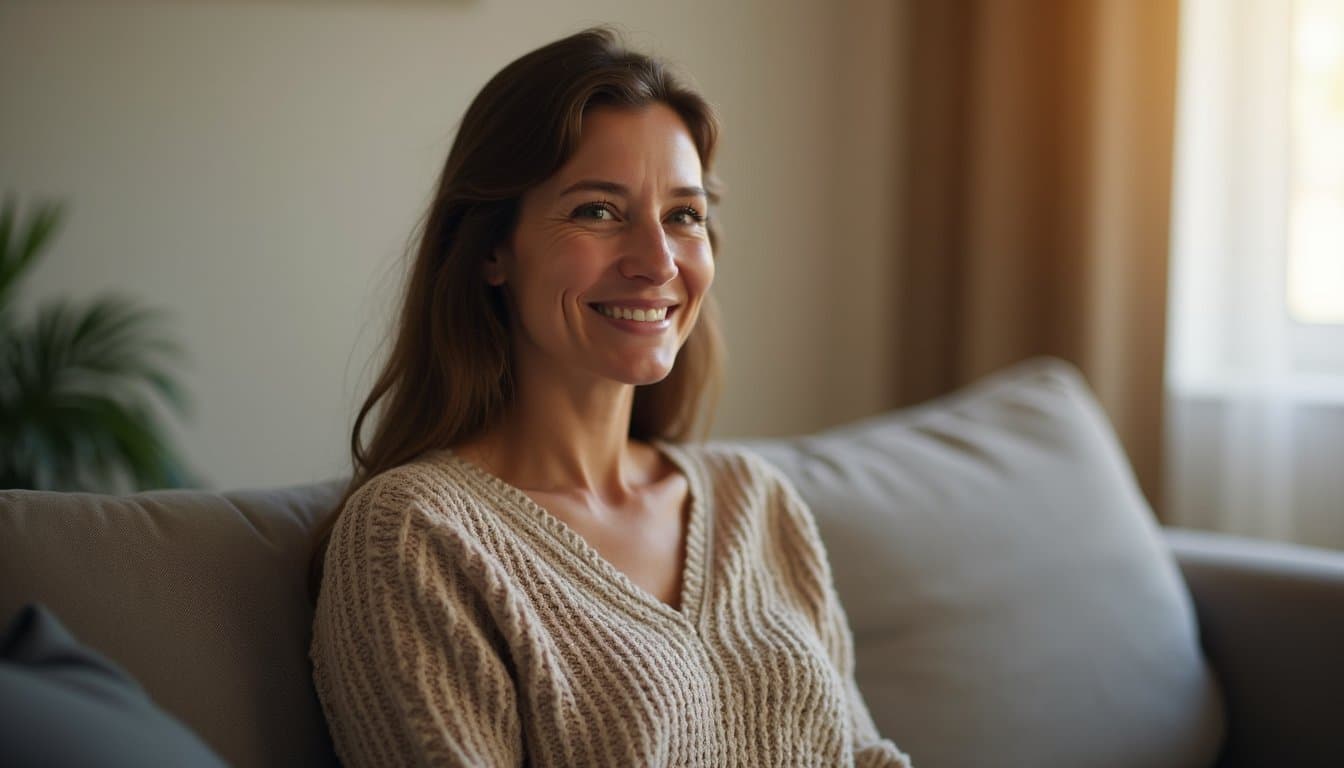 Woman sitting comfortably in a recovery home common area with a calm expression