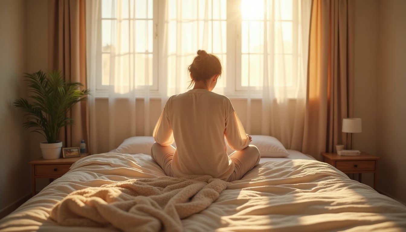 Warm natural light in a detox recovery bedroom with a person gently stretching