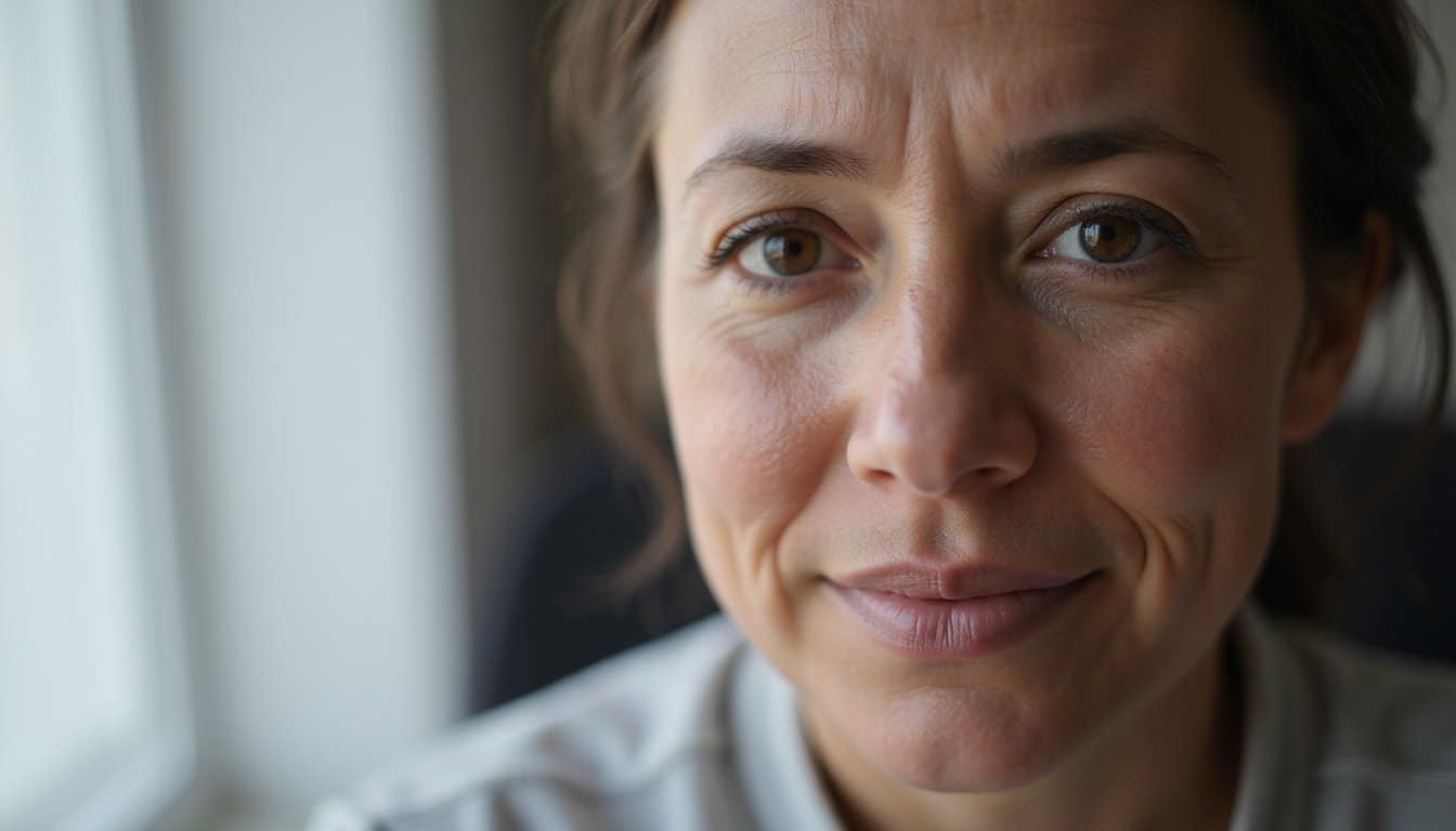 Close-up portrait highlighting an adult’s quiet determination during treatment