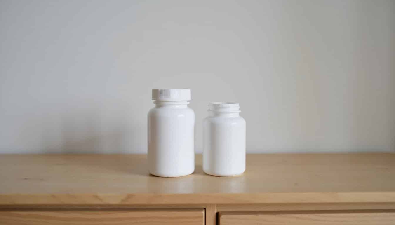 A plain white pill bottle placed upright on a smooth wooden dresser, a digital body scale positioned on the floor in the background