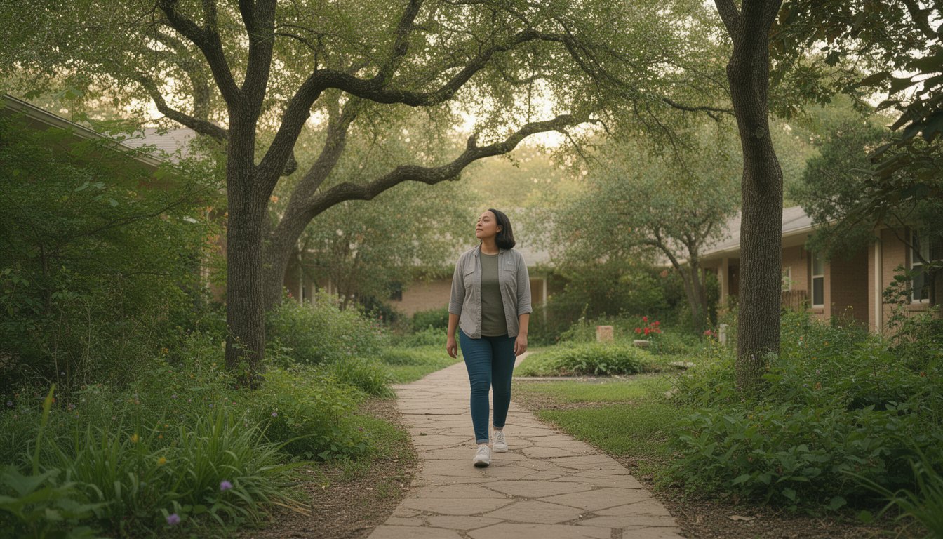 Nature-filled rehab center courtyard with a person walking during cannabis detox program