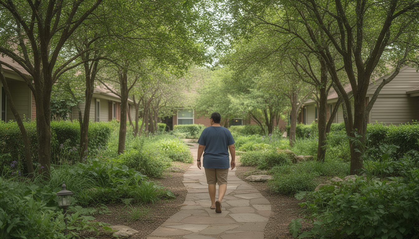 Outdoor therapeutic environment with walking path and person during cannabis detox
