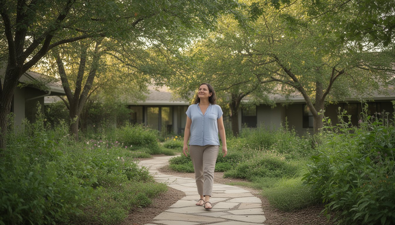 Peaceful rehab setting with trees and natural light during cannabis detox recovery