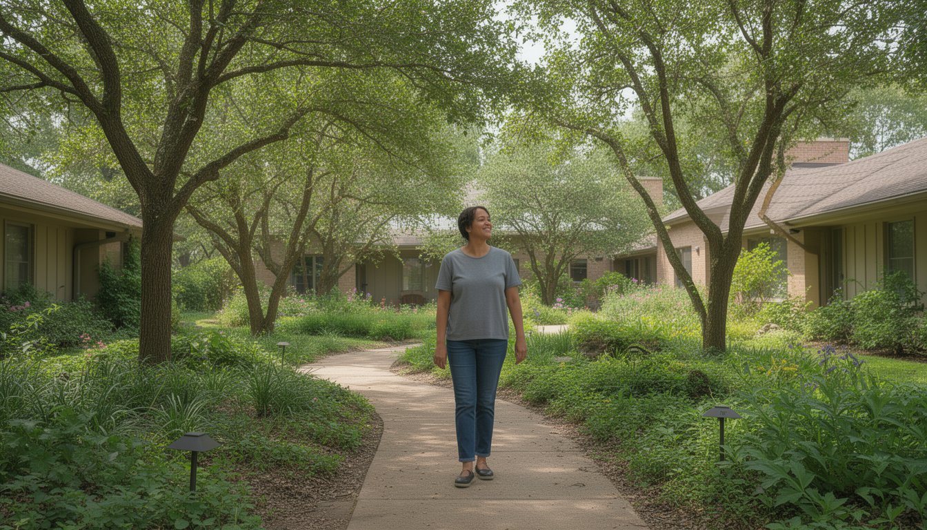 Person walking in a quiet landscaped courtyard during cannabis detox treatment program